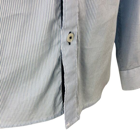 H&M Classic Light Blue Pinstripe Long Sleeve Button Front Shirt Navy Stripe Cuff - Picture 9 of 16